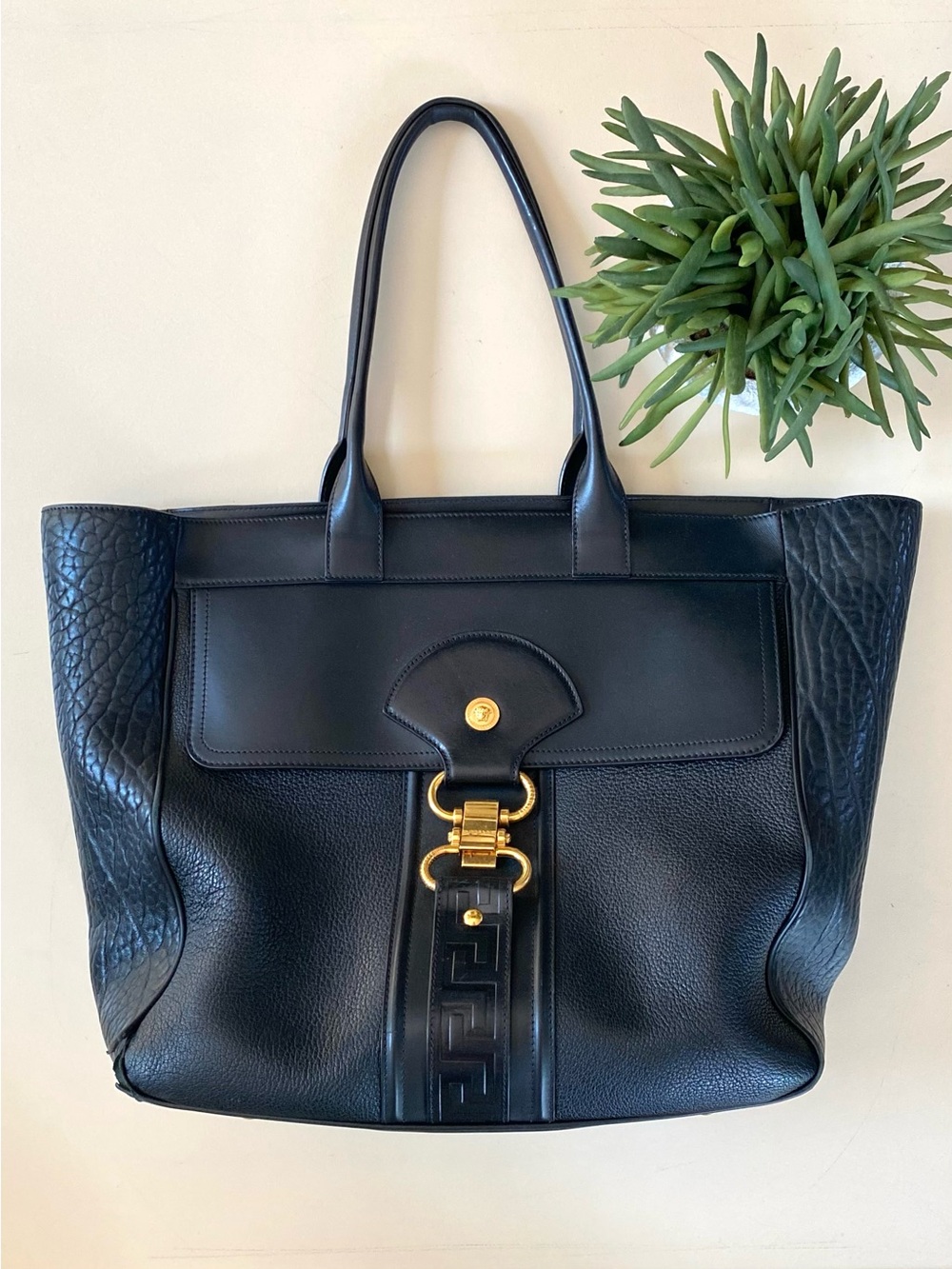 VERSACE - Large Damysus Tote Bag. Embossed Black Leather with Hold Hardwear